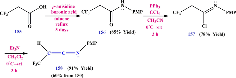 Synthesis trifluoromethylketenimine (N- polymethylpentene -3,3,3-trifluoroprop-1-en-1-imine) 158.