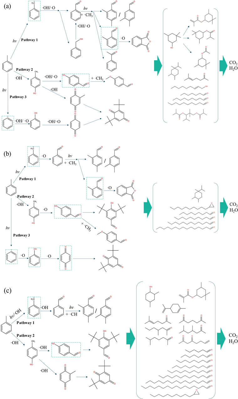 Degradation pathways of toluene (a) in the air with 80% RH, (b) in the air with less than 3% RH, and (c) in the N2 with 80% RH. The substances framed are speculated.