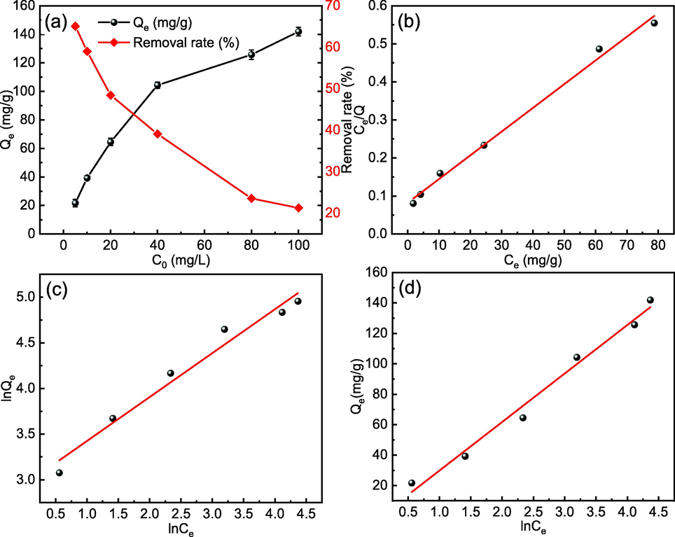 Effect of initial concentration on (a) Cd(II) adsorption and (b) Langmuir, (c) Freundlich, and (d) Temkin isotherms for Cd(II) adsorption by MFZ.