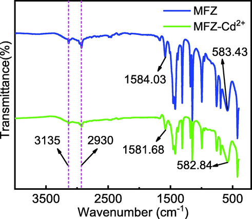 FTIR spectra of MFZ before and after adsorption of Cd(II).