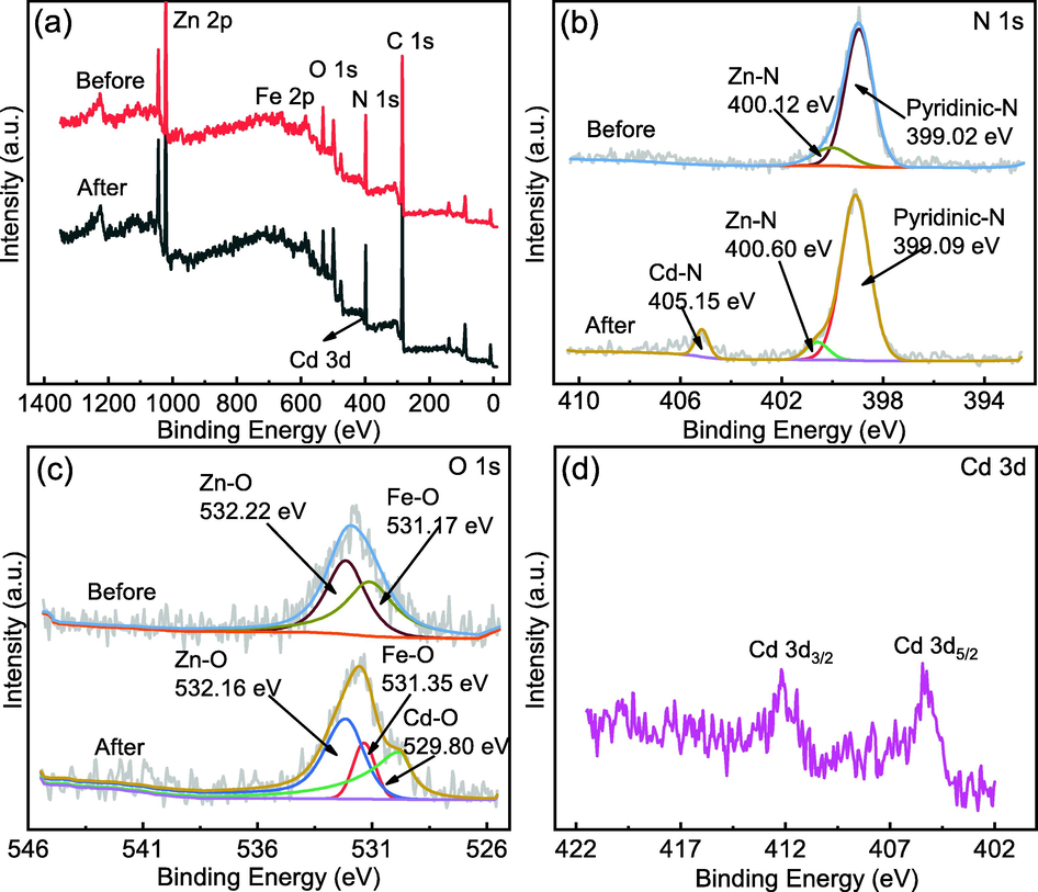 XPS spectra of MFZ before and after adsorption. (a) Measurement scan; (b) N 1s; (c) O 1s; (d) Cd 3d.