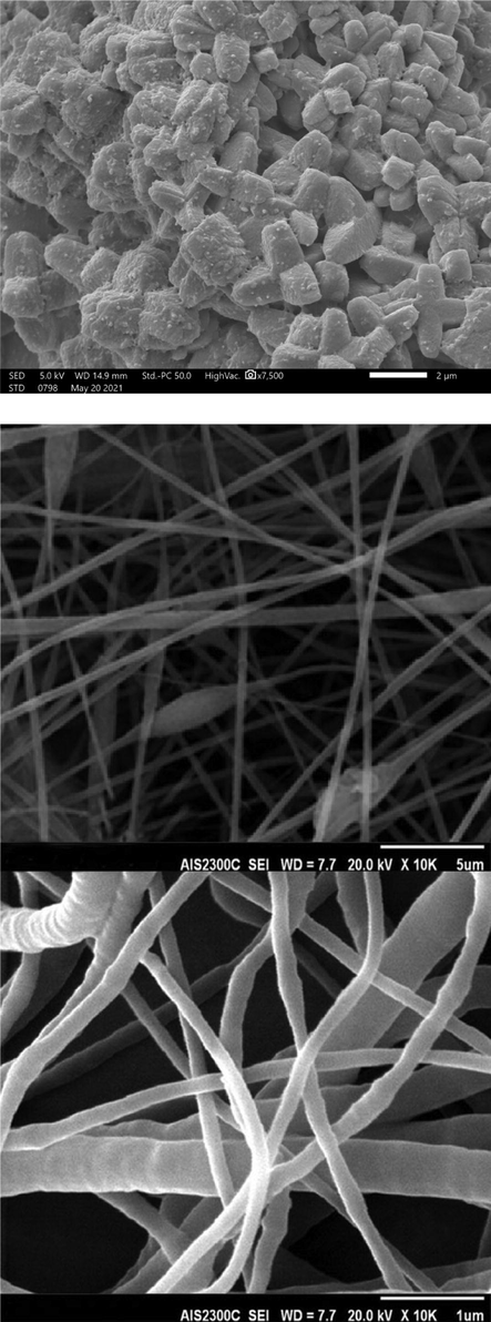 SEM images of (A) ZIF-8 metal-organic frameworks and (B) electrospun ZIF-8/PLA nanofibers at the specified magnifications.