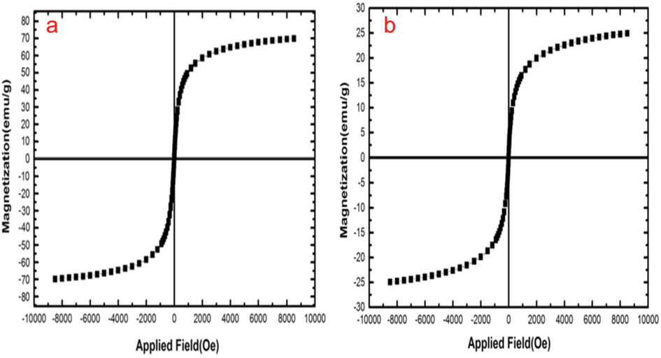 Vibrating-sample magnetometer (VSM) curves (a. Fe3O4 and b. Fe/POSH/MFA).