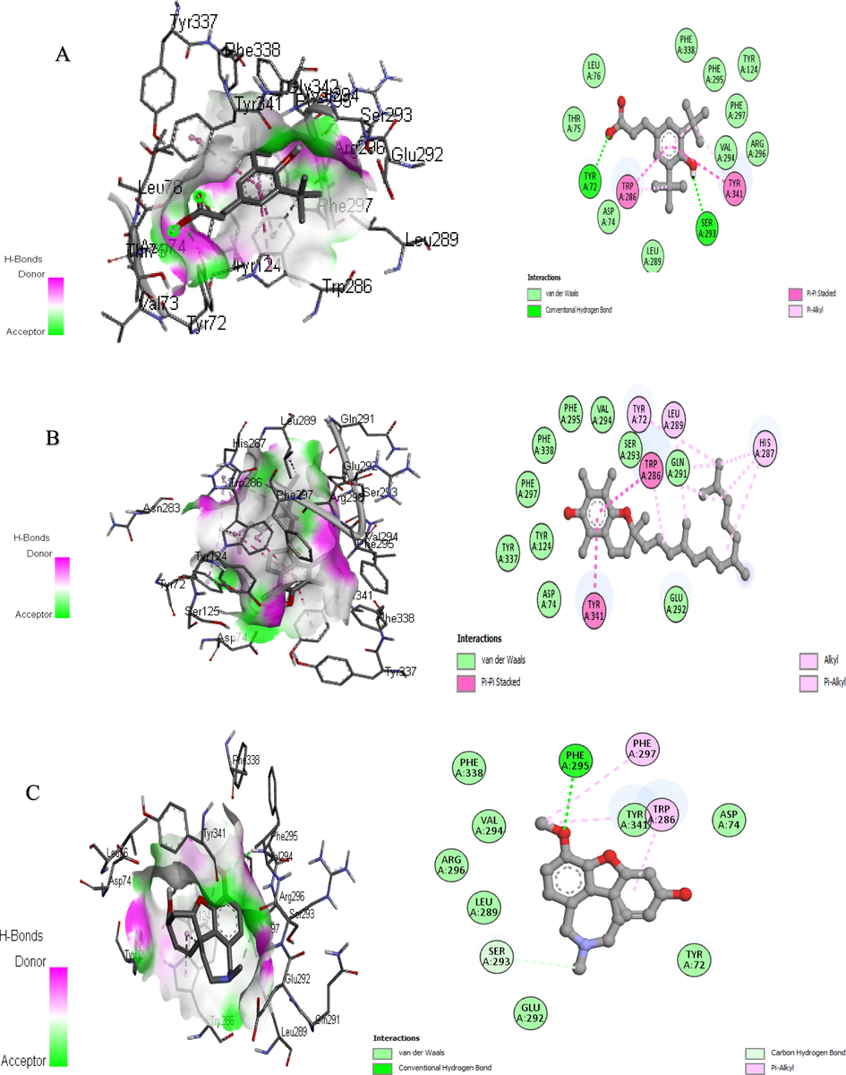 3D and 2D Interaction of acetylcholinesterase with ligands “A” 3-(3,5-Di-tert-butyl-4-hydroxyphenyl) propionic Acid, “B” Vitamin E, and “C” Galantamine.