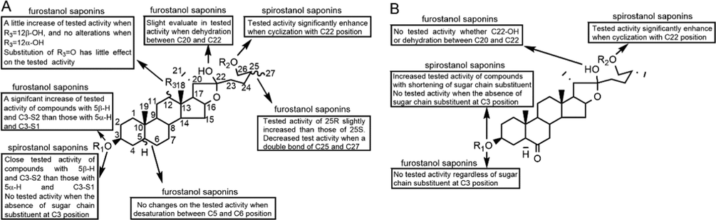 Structure activity relationship involving in inhibitory platelet aggregation activity of furostanol saponins and spirostanol saponins in AMB (A) and ACGD (B) samples.