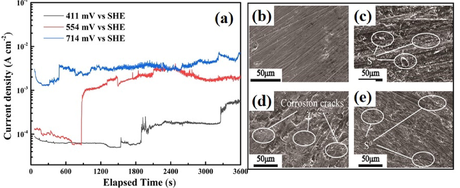 (a) Potentiostatic polarization of chalcopyrite electrode at 411 mV, 554 mV and 714 mV for 3600 s at 130 °C; and scanning electron microscope images of the surface of (b) chalcopyrite electrode, (c) obtained at 411 mV, (d) obtained at 554 mV and (e) obtained at 714 mV for 3600 s.