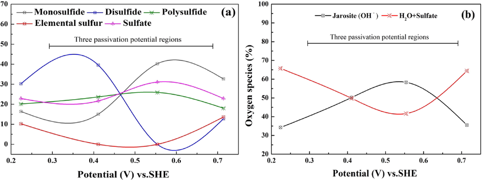 The (a) speciation of sulfur and (b) speciation of oxygen after dissolution at different constant potentials.