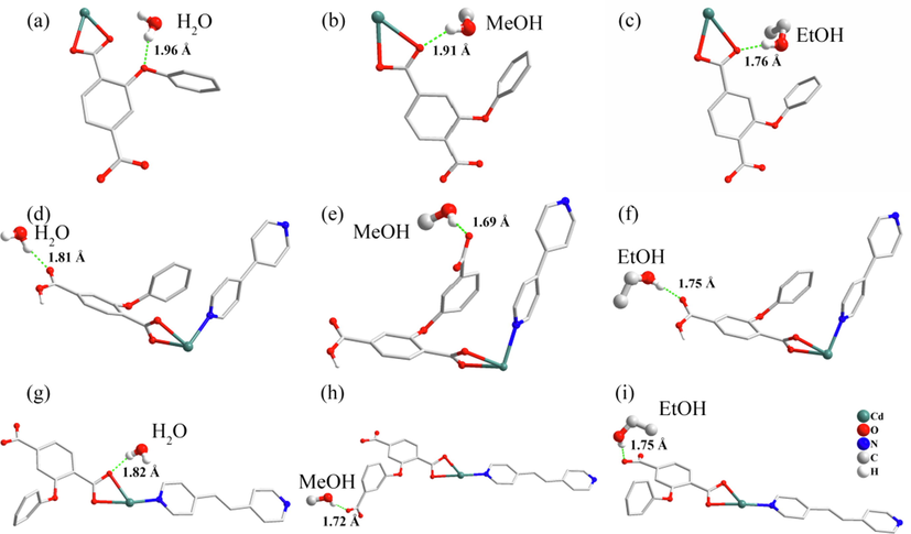 Interactions between H2O, MeOH and EtOH molecules and (a-c)1, (d-f)2 and (g-i)3.