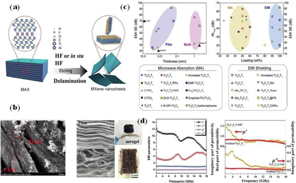 Chemical delamination etching of MXenes sheets using HF etchant (a), FESEM images of MXene decorated Fe3O4 (b), EMI shielding effect of different forms of MXene (c), and shielding performance of MXene films (d), reproduced with copyright materials Elsevier, 2020 Wang et al., 2020.