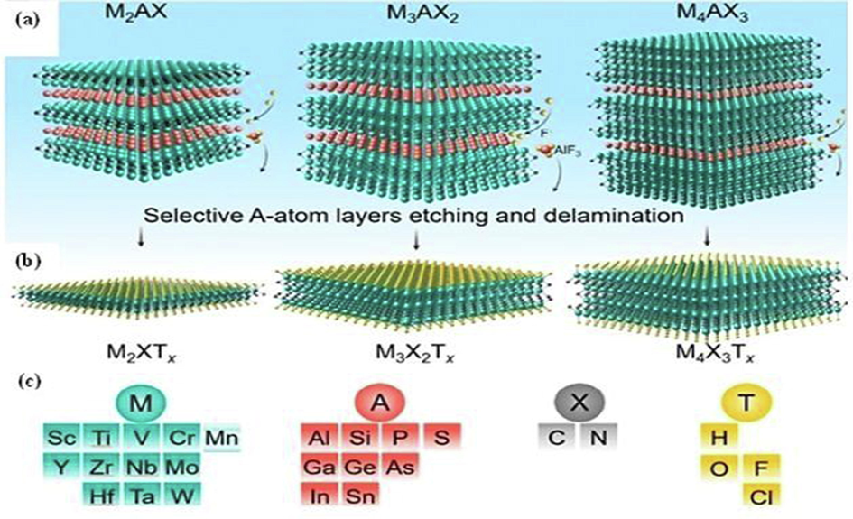 Presentation of various metal Carbides (MAX)-Phase (a) into 2D MXenes (b) showing metal carbides M−A−X−T in (c); reproduced with copy right material Springer, 2020 (Hong et al., 2020).