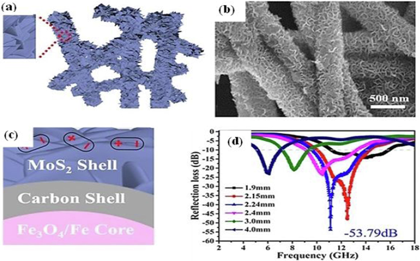 Development of flexible carbon/MoS2/Fe3O4 composites (a), unit cell Structure design (b), carbon fibers arrangement in developed 2D fibrous assembly nanocomposites for Microwave absorption (c), shielding effectiveness showing (Rl) of designed structure with different thickness (d), Reproduced with permission Copyright material from Elsevier, 2021 (Tong et al., 2021).