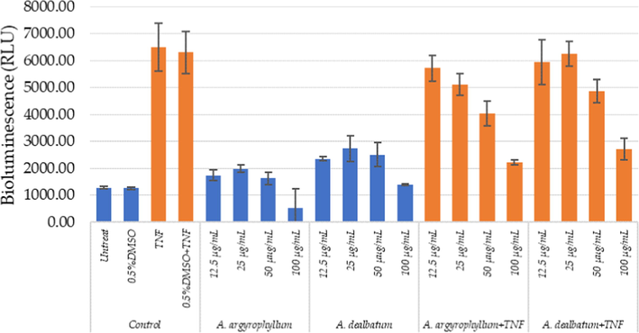 Anti‐inflammatory effects of A. argyrophyllum and A. dealbatum measured in HaCaT NF‐κB reporter gene cells.