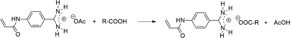 Electrostatic interaction between 4-acrylamidophenyl)(amino)methaniminium acetate (AB) and carboxylic acids. Adapted with permission from reference (Panagiotopoulou, 2017).