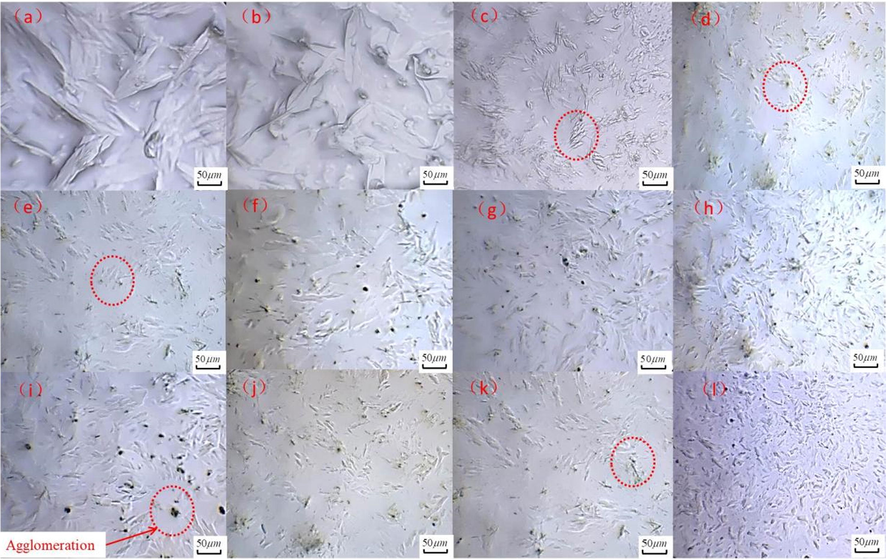 Optical micrographs of simulated oil containing wax (a) and (b)-blank wax-containing simulation oil, (c)-PAA18, (d)-PAA18-0.5 % GO, (e) -PAA18-1 % GO, (f) -PAA18-1.5 % GO, (g)-PAA18-0.5 % Cna, (h)-PAA18-1 % Cna, (i) -PAA18-1.5 % Cna, (j)-PAA18-1.5 % Cna, (k) -PAA18-0.5 % OCNTs, (l) -PAA18-0.5 % OCNTs.