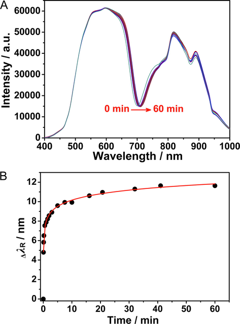 Real-time change of SPR spectra when antibody immobilized on the sensor chip (A) and kinetic curve of goat anti.