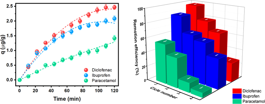 a) Time-dependent removal capacity for DFS, IBU, and PCT. b) Recycling (reuse) of Sargassum; change in remotion efficiency (%) after four cycles of the selected drugs at 25 °C.