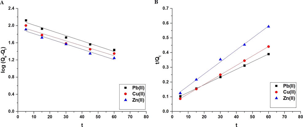 The pseudo-first-order (A) and pseudo-second-order (B) kinetic models.