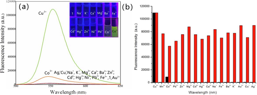 (a) Fluorescence spectrum of sensor 1 in different metal ions solutions (λex = 491 nm, slits: 5 nm/5 nm) and Fluorescence response of sensor 1 in different metal ions under 365 nm UV lamp; (b) Histograms of fluorescence selective experiments (green) and competitive experiments (red) of sensor 1 in different metal ions [v(acetonitrile)/v(H2O) = 1:1, pH = 7.4].