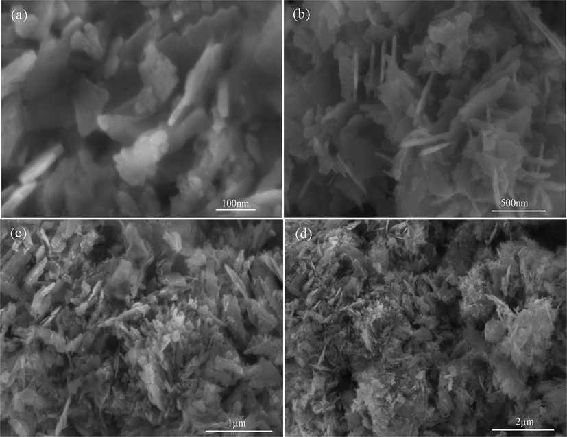 FE-SEM images of ZnO nanoflakes prepared at 50 min ultrasonic treatment at different magnifications (a) 100 nm, (b) 500 nm, (c) 1 µm and (d) 2 µm.