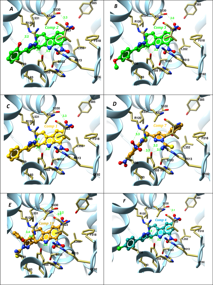 The binding mode of diazole derivatives; compounds (A) 2, (B) 3, (C) 1, (D) 7, (E) 10, (F) 4 at the binding site of COX-2.