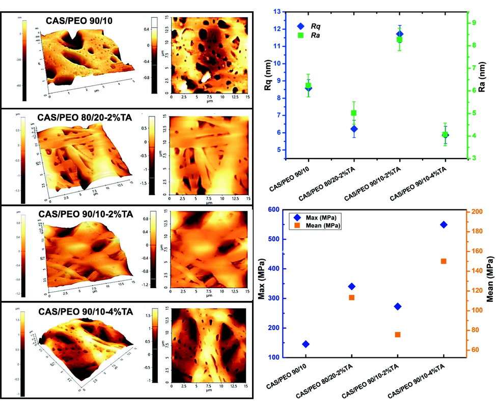 AFM analyses of CAS/PEO fibers obtained by the electrospun process. Left shows the 3D images of surface topography at 15 µm2; upper right shows the surface roughness analysis of Root Mean Square (Rq) and surface roughness (Ra) values (nm), and lower right shows the mechanical strength (MPa) of CAS/PEO fibers.