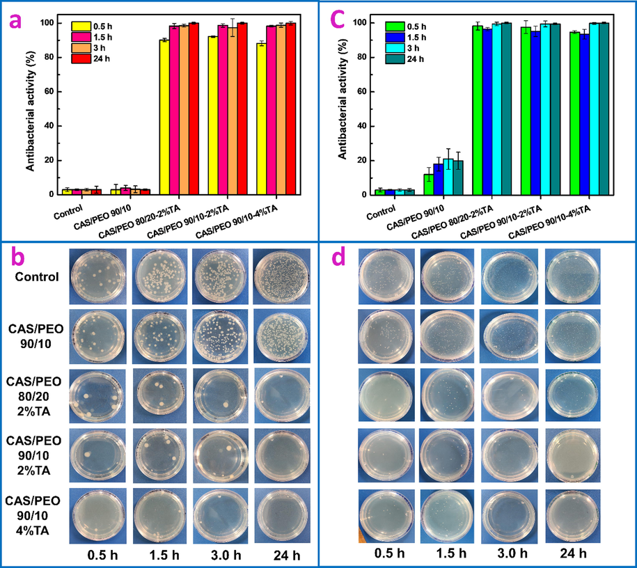 Antibacterial activity kinetics (AA) of CAS/PEO fibers against Gram (+) S. aureus and Gram (-) E. coli grown in LB media: a) AA of S. aureus, b) AA of E. coli, c) representative photographs of the AA of S. aureus and d) representative photographs of the AA of E. coli.