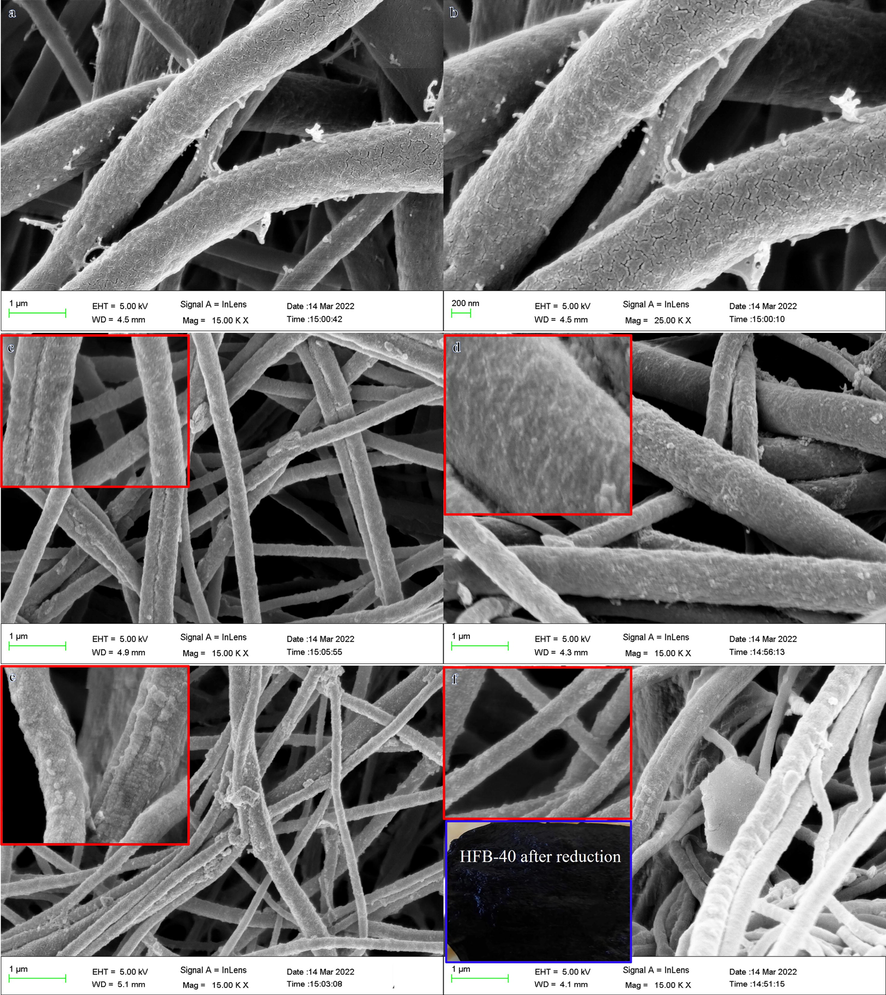 SEM images of (A and B) PVdF-HFP, (C) HFB-10, (D) HFB-20, (E) HFB-30, and (C) HFB-40 membranes.