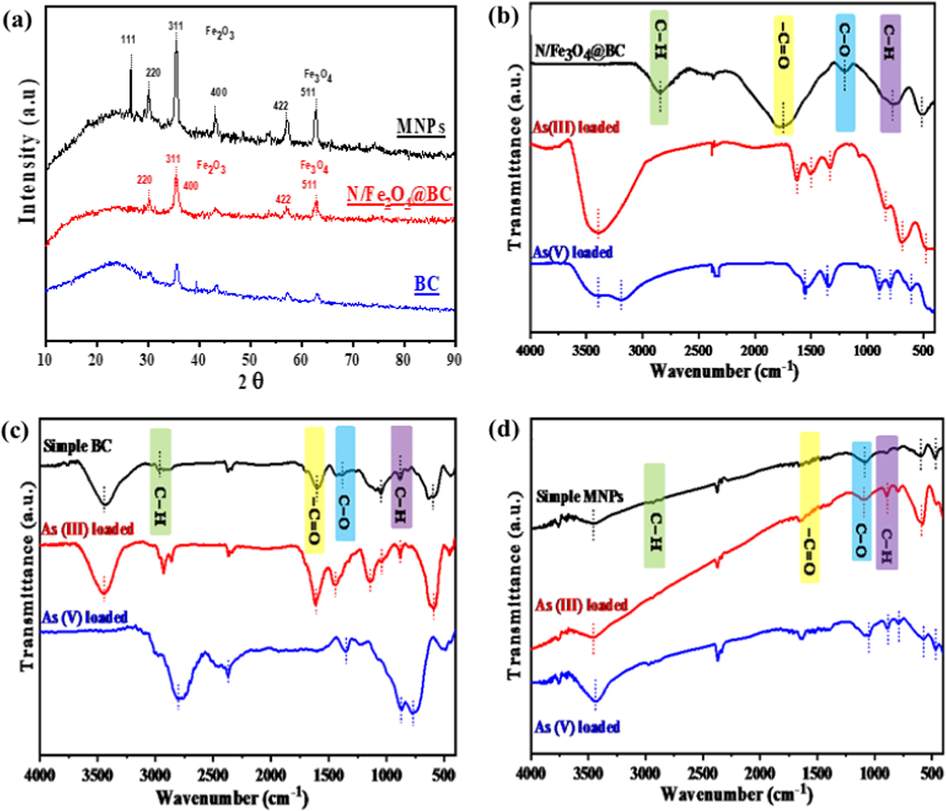 (a) XRD diffractogram and, (b-d) FTIR spectrum of all tested magnetite (N/Fe3O4@BC, BC, MNPs) before and after arsenic As(II) and As(V) adsorption.