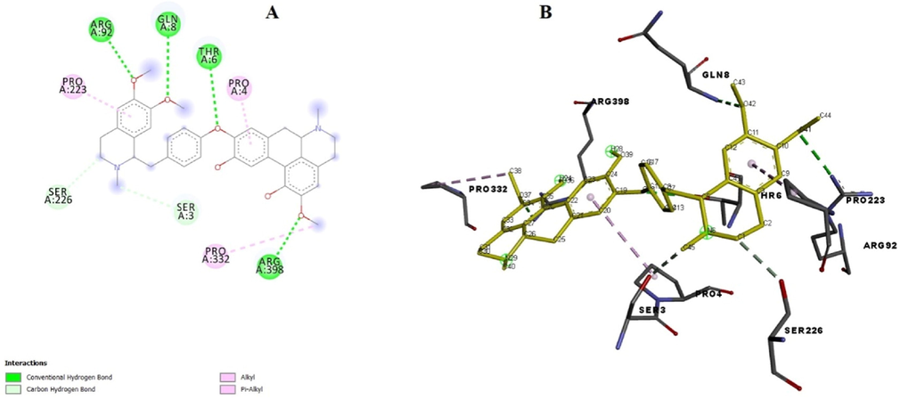 (A) Binding poses of ligand with the target alpha-amylase showing surface interaction. (B) Amino acid interaction of ligand with the protein.