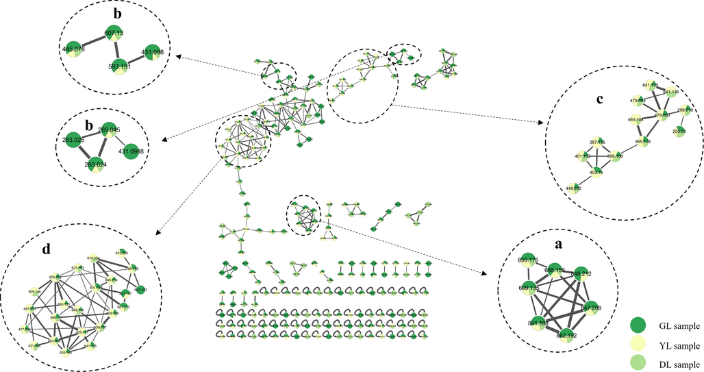 Molecular networking of Sennae folium crude extract obtained using GNPS platform and visualized with Cytoscape 3.8.2 software. Cluster a: sennoside glycosides, cluster b: anthraquinones, cluster c: benzophenones, and cluster d: flavonoid glycosides.