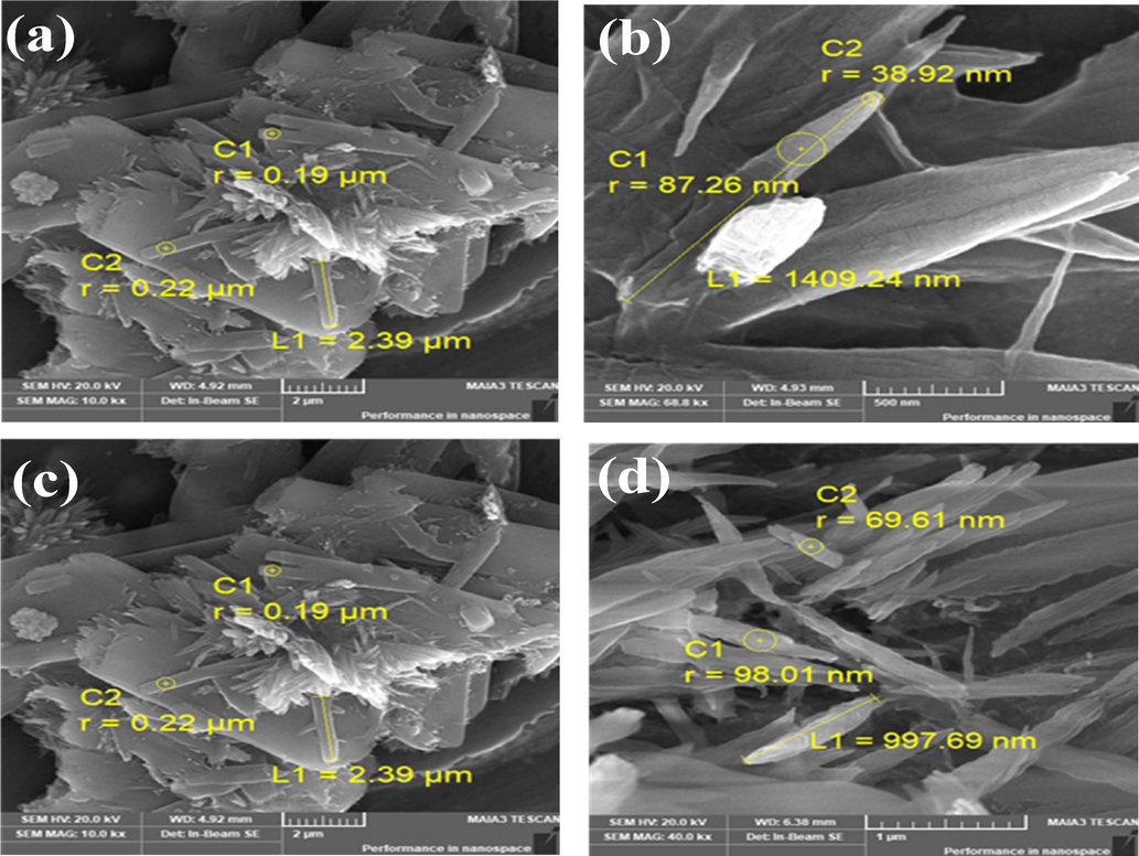 SEM Image of (a) CdZnS/ZnS@ 2-MAA QDs (using ZnCl2 as salt), (b) CdZnS/ZnS@ 2-MAA QDs (using ZnNO3·6H2O as salt) & (c) CdZnS/ZnS@ 3-MPA QDs (ZnCl2 salt) (d) CdZnS/ZnS@ 3- MPA QDs (ZnNO3·6H2O salt).