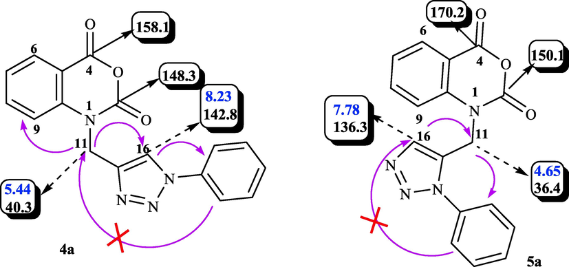 NOESY correlations of compounds 4a (left) and 5a (right).