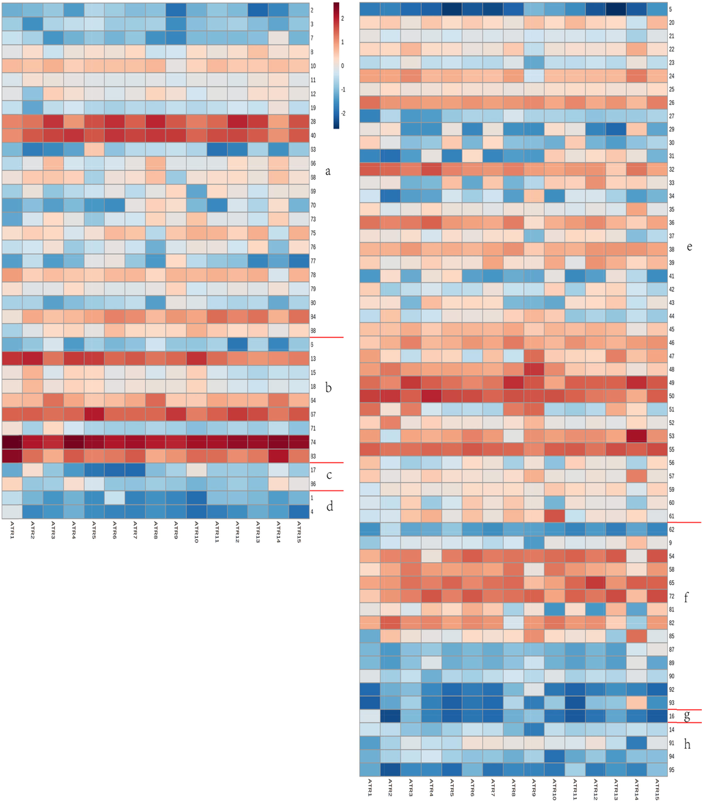 Heatmap of 15 batches of ATR detected by HS-SPME-GC–MS. Each column represents a different component in a batch of ATR, each row represents the same component in different batches. Compounds correspond to Supplementary Information (Table S2).