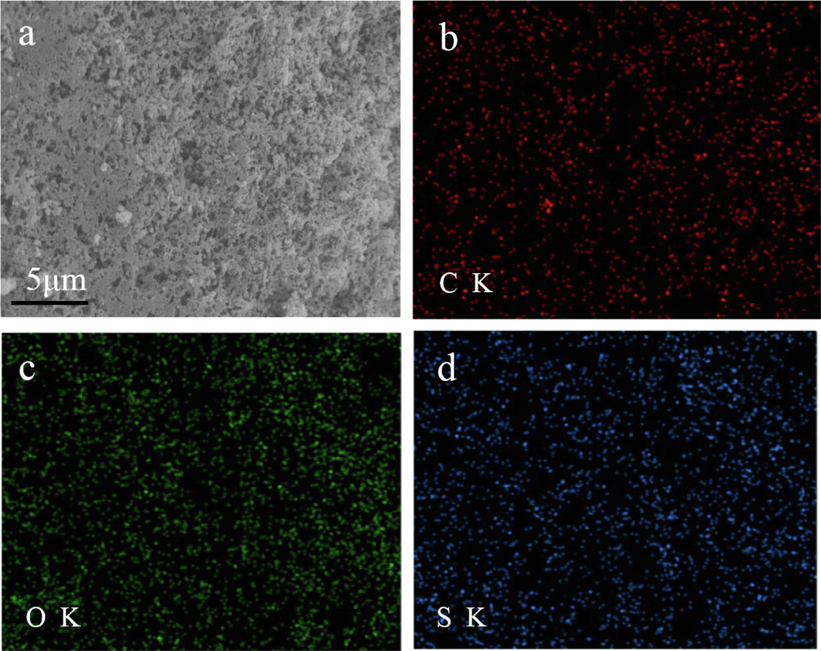 FESEM and EDS images of IA/SMAS: a) FESEM image of IA/SMAS, b) distribution of C in IA/SMAS, c) distribution of O in IA/SMAS, d) distribution of S in IA/SMAS.