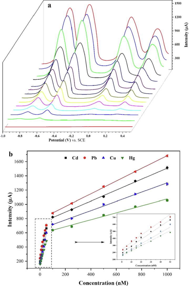 SWV voltammograms (a) and calibration curves (b) of the p-Tyr-BC-CPE for various concentrations of Cd(II), Pb(II), Cu(II), and Hg(II), (potentials are referred to as the SCE).