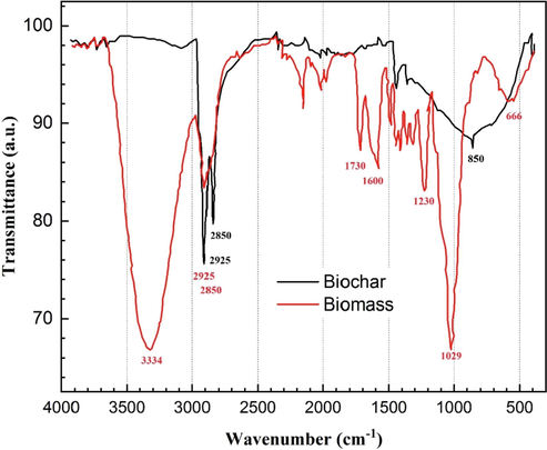 Identification of surface functional groups by FTIR spectra of the bare and walnut shell biochar.