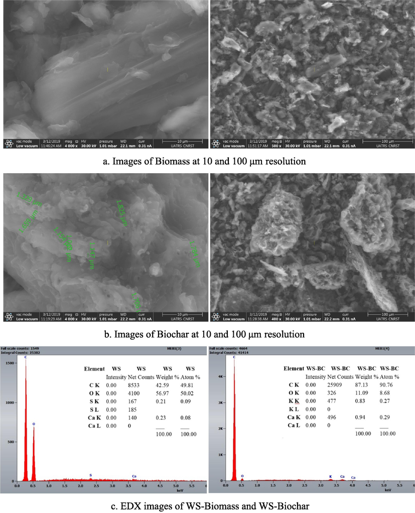 SEM images of the walnut shell: Biomass (a), and the Biochar (b) at 10 and 100 μm resolution, EDX images of Biomass and Biochar (c), (green line indicates the pore diameter, see at 10 μm resolution).