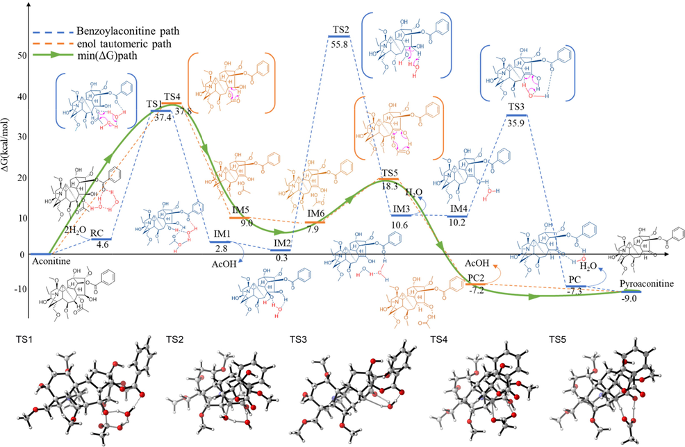 DFT-computed relative energy profiles (in kcal/mol) for the hydrolysis reaction of aconitine along two pathways at the M06-2X-D3/6-31G(d,p)/SMD(Water) level.