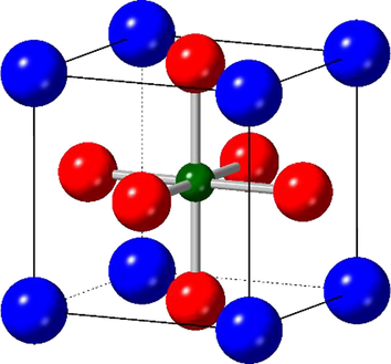 The perovskite structure of LaCo1-xRhxO3 is adopted for the majority of × values. La blue, oxygen red, and Co/Rh dark green.