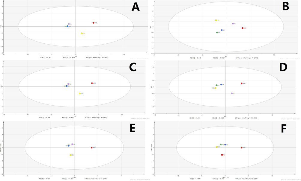 Statistical analysis of kidney samples. A: PCA, positive ion. B: PCA, negative ion. C: PLS-DA, positive ion. D: PLS-DA, negative ion. E: OPLS-DA, positive ion. F: OPLS-DA, negative ion. BLK: blank (control); MOD: model; POS: positive control; YLL: YL low dose; YLH: YL high dose.