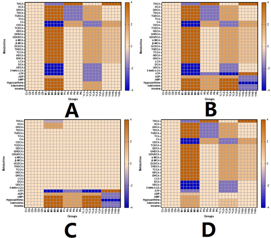 Heatmap of the metabolites in different organs and groups. A. Serum. B. Liver. C. Kidney. D. Intestine.