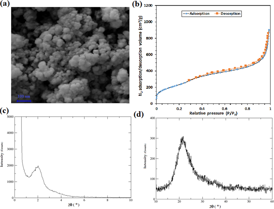 The results of the characterizations of the synthesized MSNs by (a) FE-SEM analysis, (b) N2 adsorption/desorption assay, (c) low-angle XRD test, and (d) normal angle XRD test.