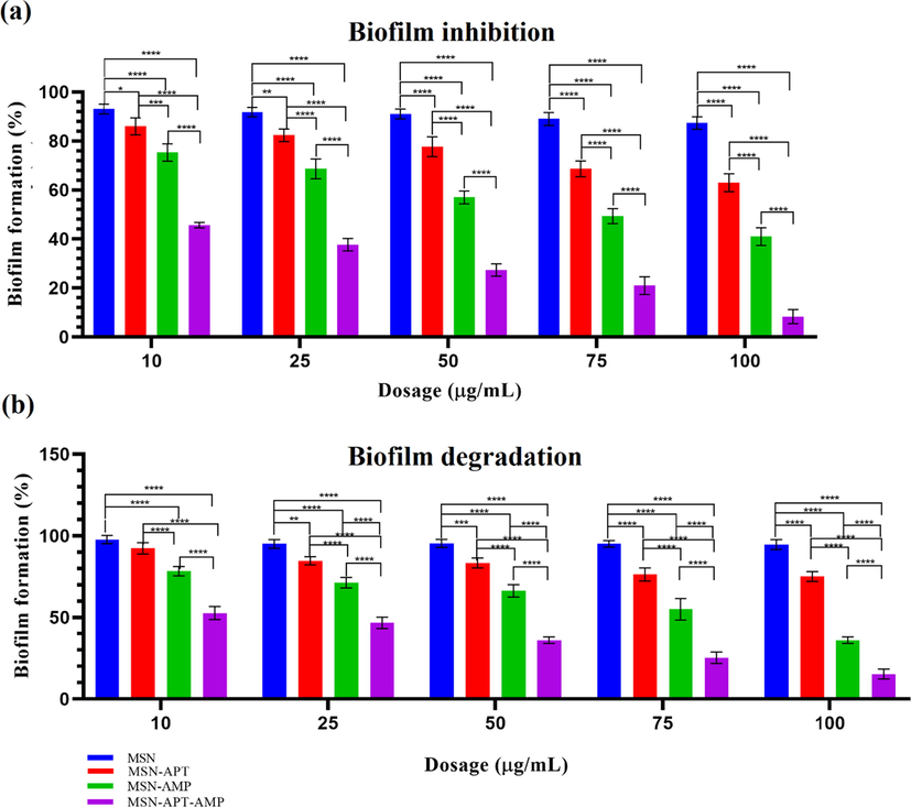 (a) Preventing biofilm formation through microtiter plate assay using 10, 25, 50, 75, and 100 µg/mL concentrations of MSNs, MSNs-APT, MSNs-AMP, and three-component system. (b) Suppression of the formed biofilm on the surface of mice skull bone using 10, 25, 50, 75, and 100 µg/mL concentrations of MSNs, MSNs-APT, MSNs-AMP, and MSNs-APT-AMP. Values with P < 0.05 (*), P < 0.01 (**), P < 0.001 (***), and P < 0.0001 (****) were considered statistically important. Each experiment was at list repeated three times.