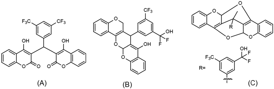 (A): The initial biscoumarin structure that was used as the input for the reinforcement learning; (B) and (C): the generated potential inhibitors with relatively low binding energy and high SA and QED scores, the binding energies are −10.6 and −11.3 kcal/mol, the SA scores are 0.65 and 0.55, and the QED scores are 0.39 and 0.39, respectively.