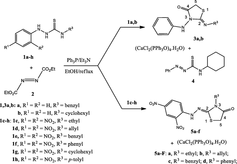 Reactions between hydrazine carbothioamides 1a-h and diethyl azodicarboxylate (2) to form the thiazolidinone derivatives 3a,b, and 5a-f.