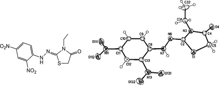 Molecular structure of compound 5a identified according to IUPAC nomenclature as (Z)-2-(2-(2,4-dinitrophenyl)hydrazono)-3-ethylthiazolin-4-one.