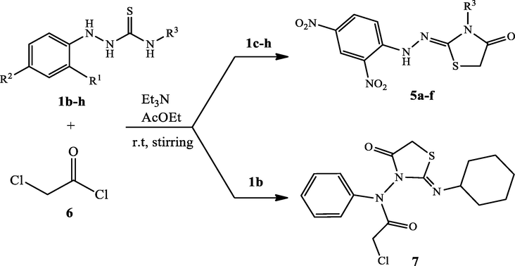 Reactions of hydrazine carbothioamides 1b-h with chloroacetyl chloride (6) and formation of 4-thiazolidinone derivatives 5a-f and 7.