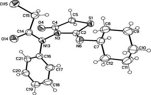 Molecular structure of compound 7 identified according to IUPAC nomenclature as (Z)-2-chloro-N-(2-(cyclohexylimino)-4-oxo-thiazolidin-3-yl)-N-phenylacetamide.