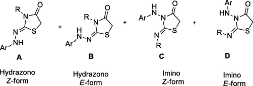 The expected alternative structures formed from interactions between hydrazinecarbothioamides 1b-h and diethyl azodicarboxylate (2) or chloroacetyl chloride (6).