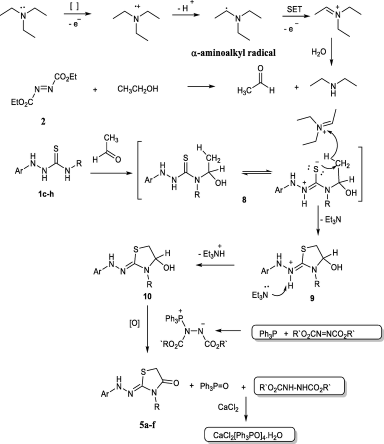 The proposed mechanism for the formation of thiazolidinone 5a-f.